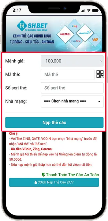 Bước 4: Chọn nhà mạng, nhập mã thẻ và số seri, sau đó bấm nạp thẻ cào.